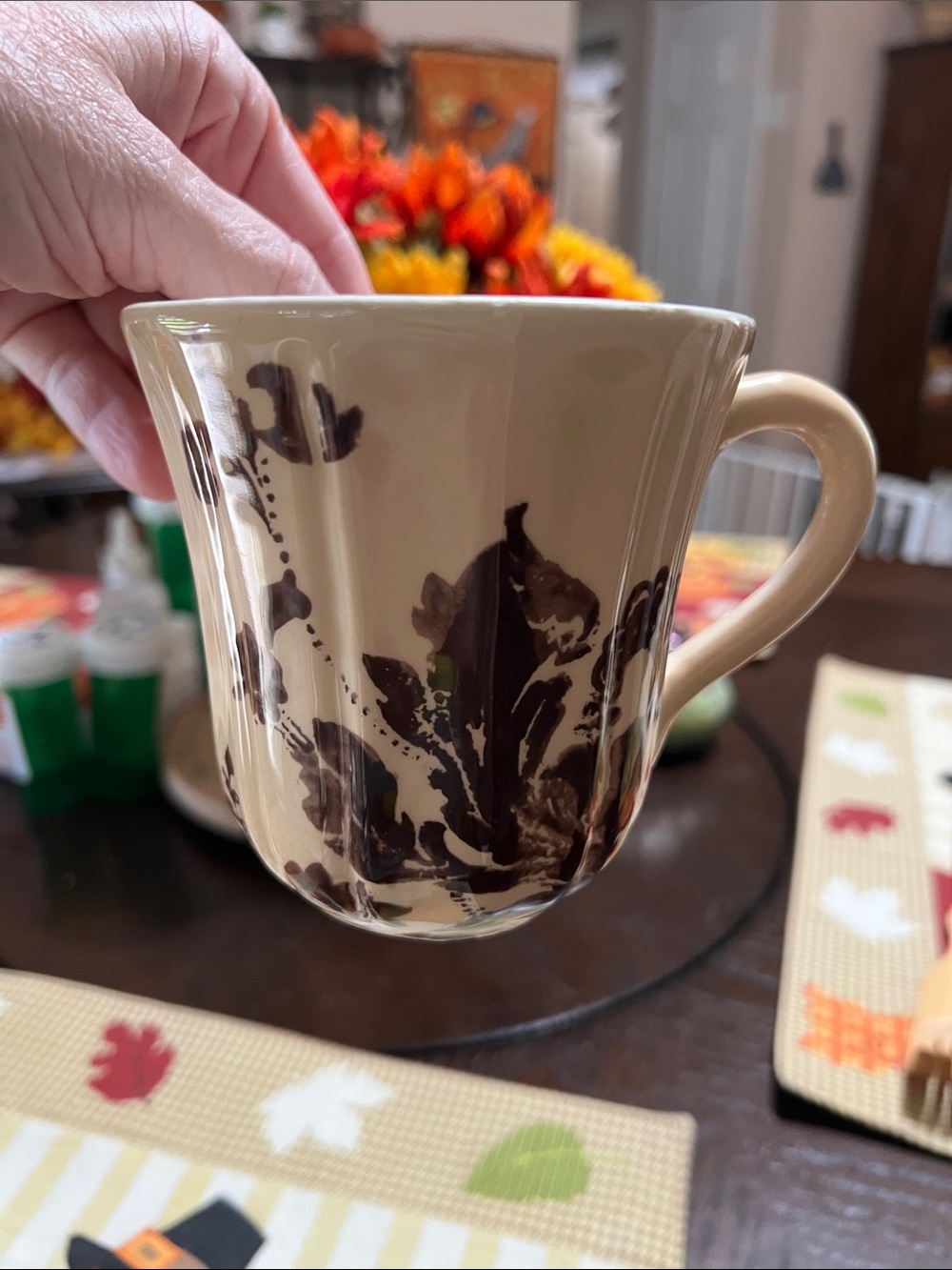 New TERRAIN Cream Floral Mug with Black Hand-Painted Design